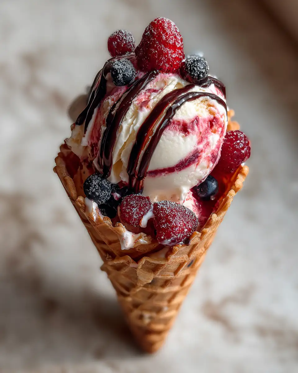 Final dish - Indulge in a Chocolate Berry Swirl Waffle Cone Bowl Delight