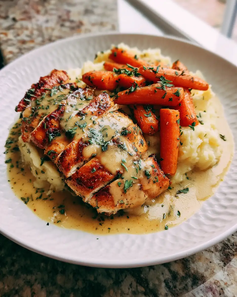 Final dish - Ultimate Comfort: Creamy Herb Chicken with Mashed Potatoes and Glazed Carrots