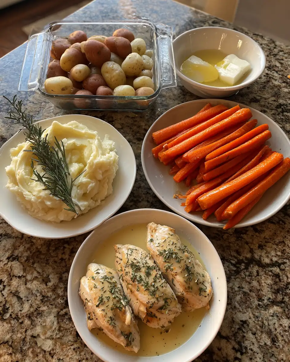 Ingredients for Ultimate Comfort: Creamy Herb Chicken with Mashed Potatoes and Glazed Carrots