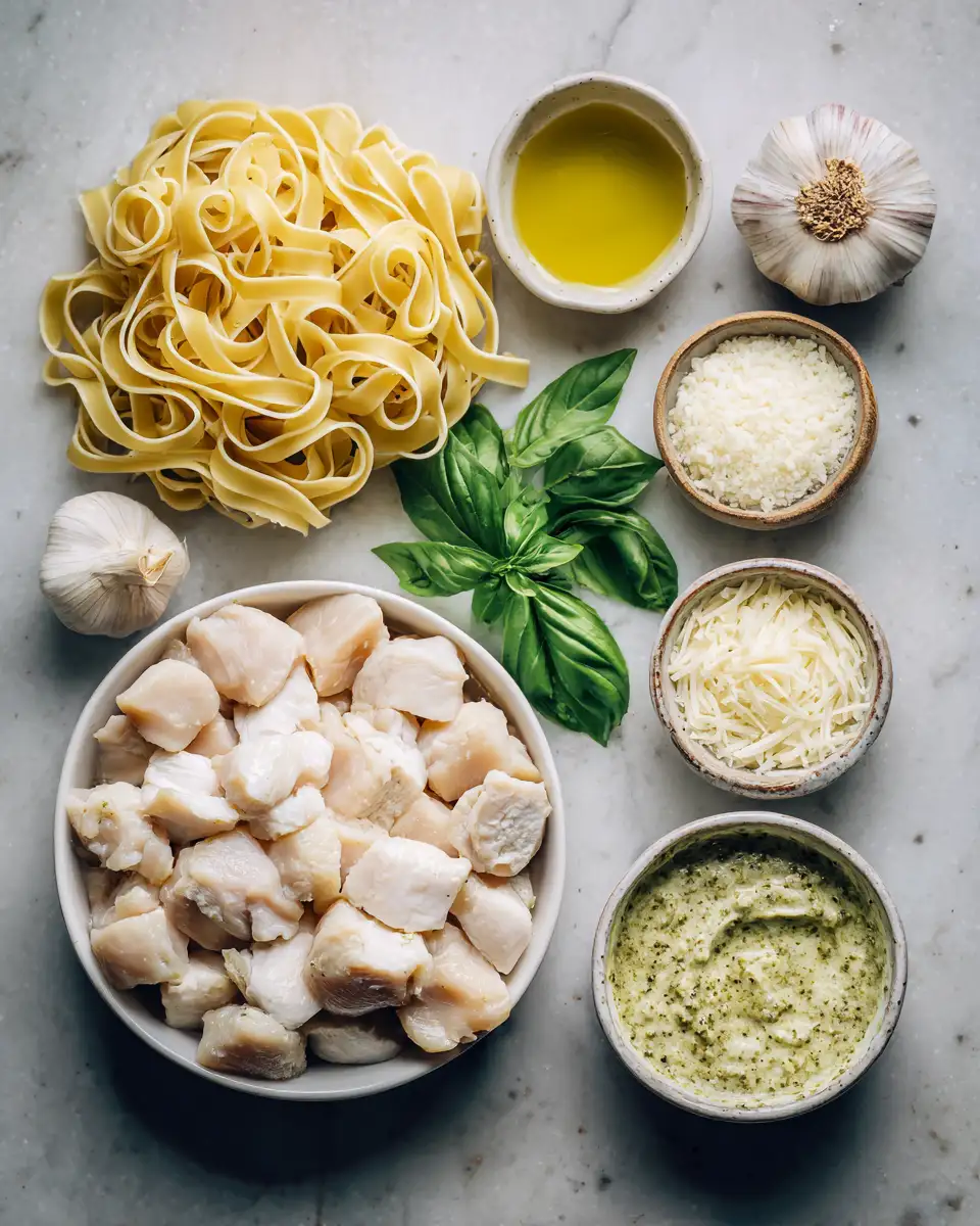 Savor the Dreamy Delight of Creamy Pesto Chicken Pasta 4 Ingredients for Savor the Dreamy Delight of Creamy Pesto Chicken Pasta