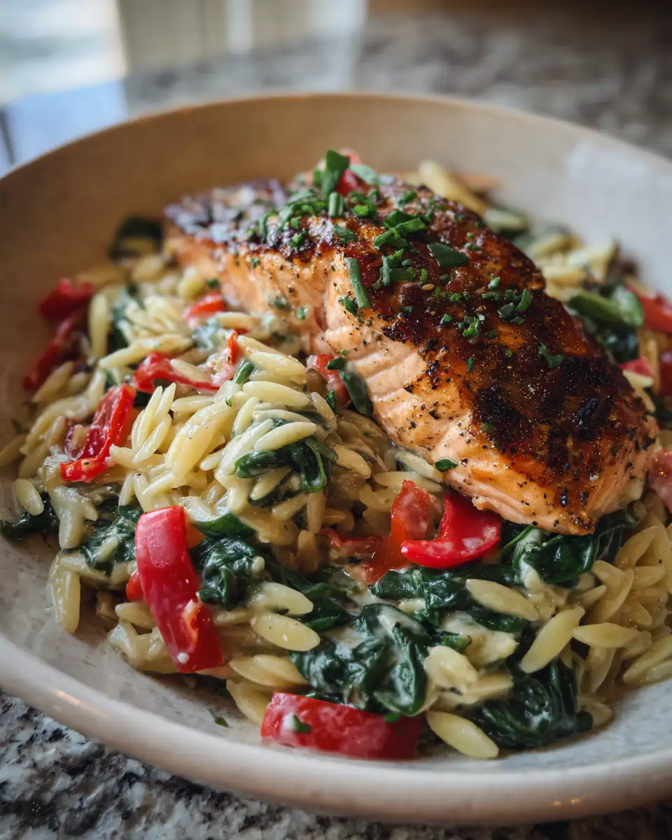 Indulge in Creamy Salmon Orzo with Spinach and Bell Pepper Bliss 6 Final dish - Indulge in Creamy Salmon Orzo with Spinach and Bell Pepper Bliss