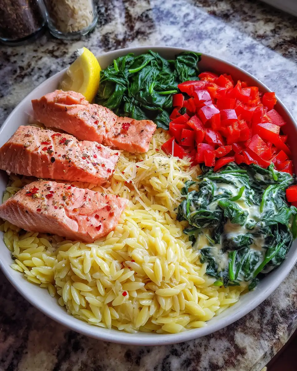 Indulge in Creamy Salmon Orzo with Spinach and Bell Pepper Bliss 4 Ingredients for Indulge in Creamy Salmon Orzo with Spinach and Bell Pepper Bliss