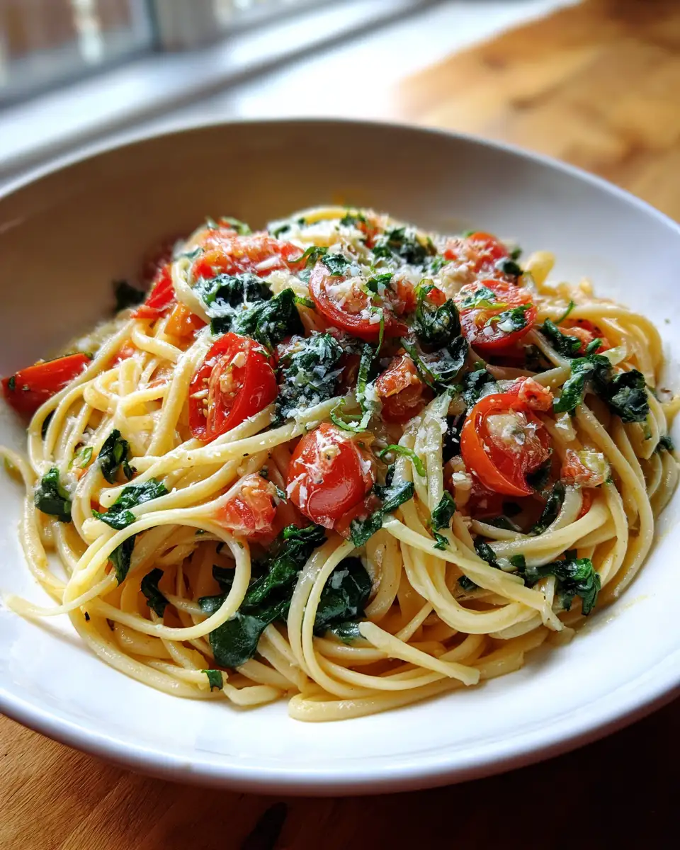 Final dish - Irresistible Garlic Butter Pasta with Fresh Tomatoes and Spinach