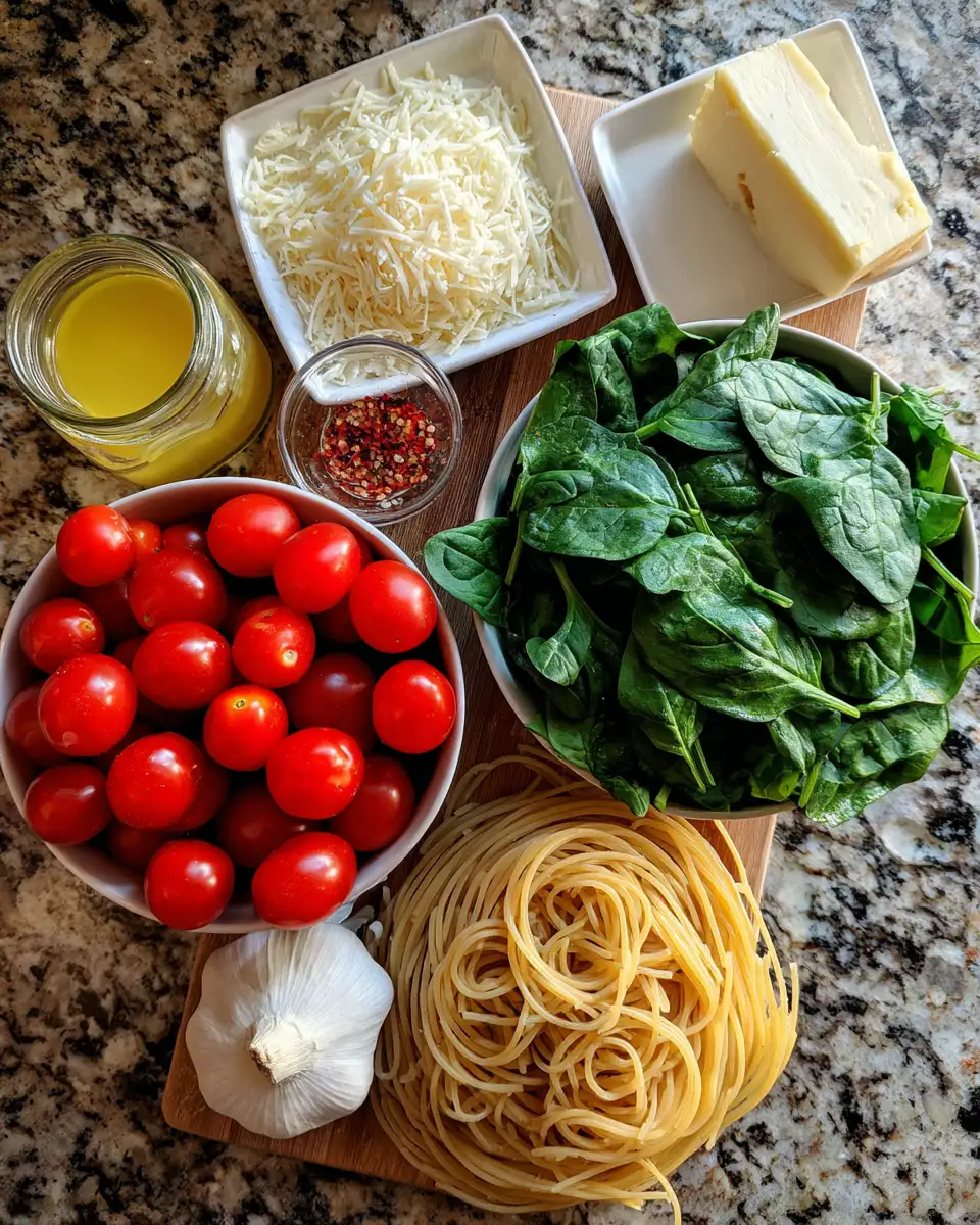 Ingredients for Irresistible Garlic Butter Pasta with Fresh Tomatoes and Spinach