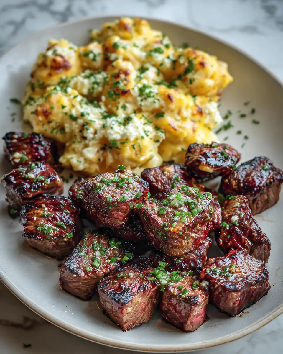 Final dish - Sizzle and Smash: Irresistible Garlic Butter Steak Bites with Cheesy Smashed Potatoes