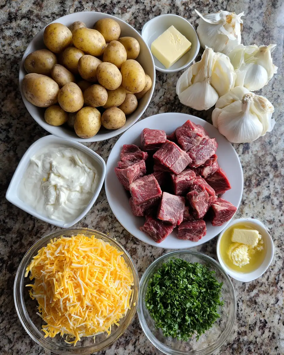 Ingredients for Sizzle and Smash: Irresistible Garlic Butter Steak Bites with Cheesy Smashed Potatoes