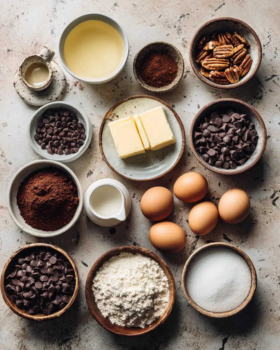Ingredients for Indulge in the Ultimate Gooey Brownie Pie Loaded with Melted Chocolate Chips