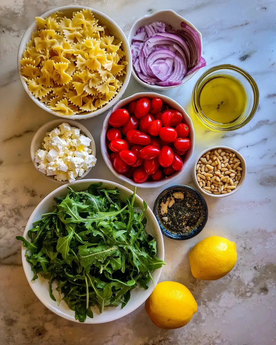 Ingredients for Zesty Lemon Arugula Pasta Salad: A Refreshing Twist on Your Favorite Dish