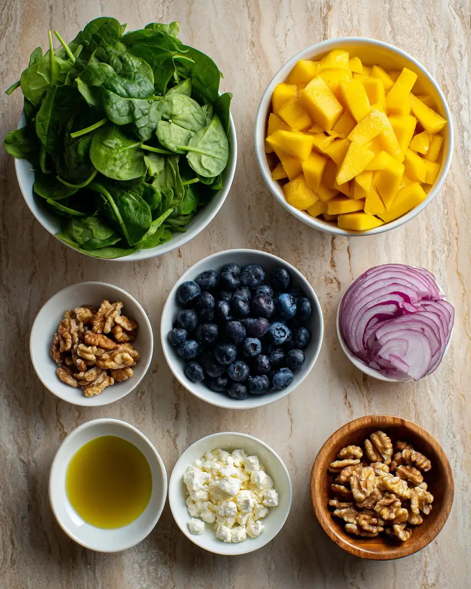Ingredients for Refreshing Mango Blueberry Spinach Salad for a Burst of Flavor