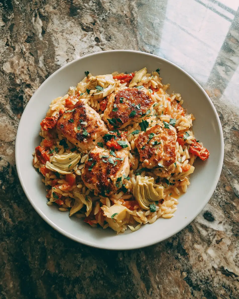 Final dish - Weeknight Wonder: One-Pan Chicken and Orzo with Artichokes and Sun-Dried Tomatoes
