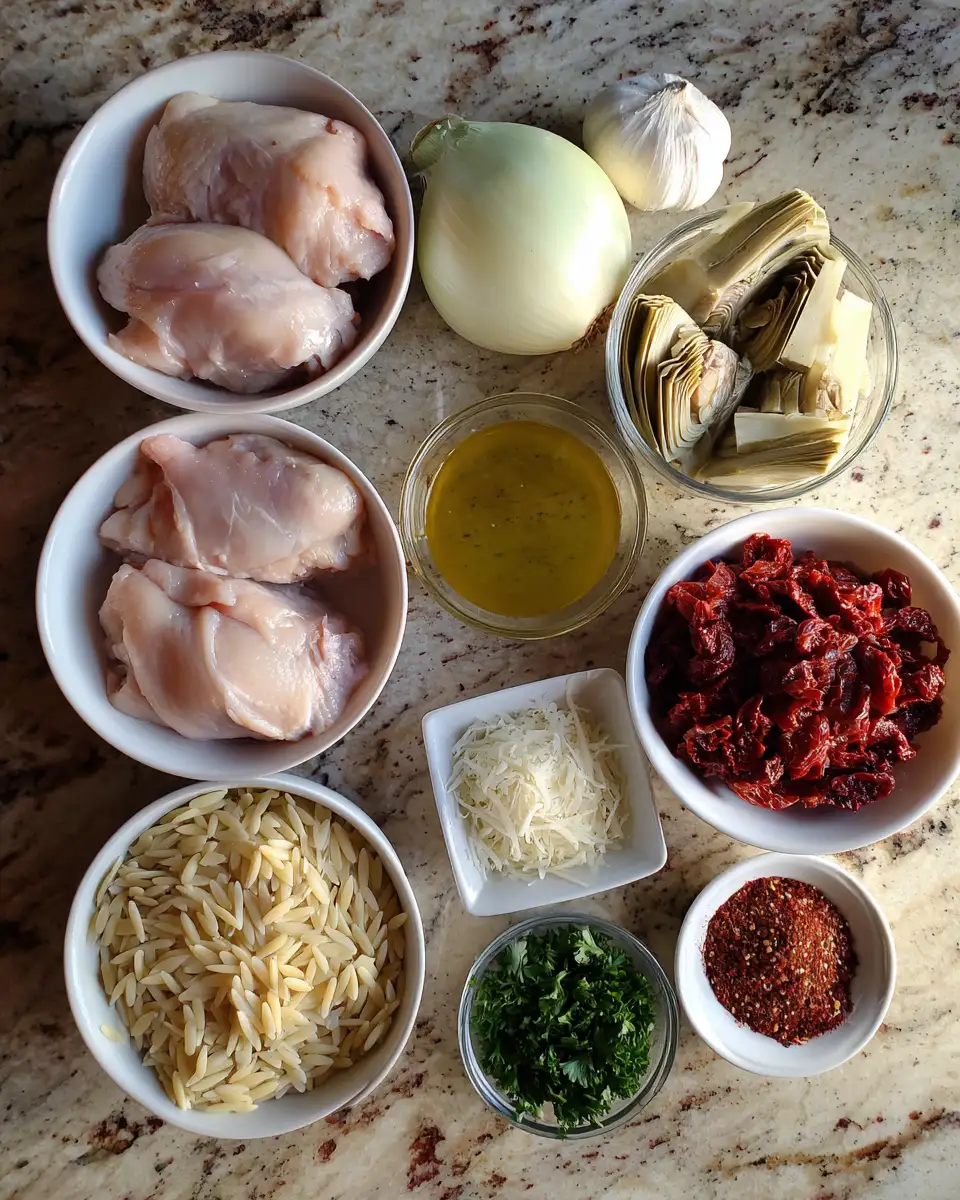 Ingredients for Weeknight Wonder: One-Pan Chicken and Orzo with Artichokes and Sun-Dried Tomatoes