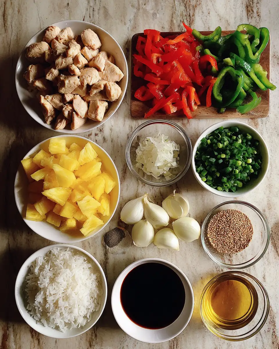 Ingredients for Tantalizing Tropical Delight: Pineapple Chicken and Rice for the Ultimate Food Lover