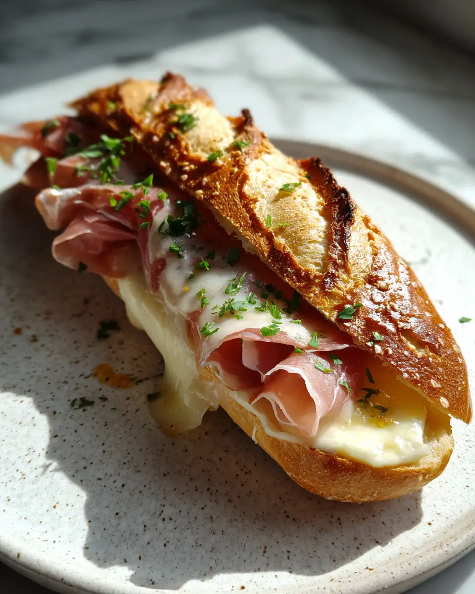 Final dish - Elevate Your Lunch Game with a Prosciutto and Honey Brie Baguette Sandwich