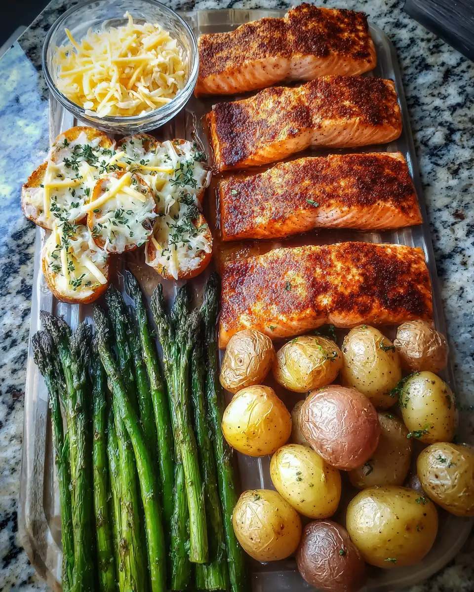 Savor the Flavor: Spiced Salmon with Cheesy Asparagus and Garlic Herb Potatoes 4 Ingredients for Savor the Flavor: Spiced Salmon with Cheesy Asparagus and Garlic Herb Potatoes