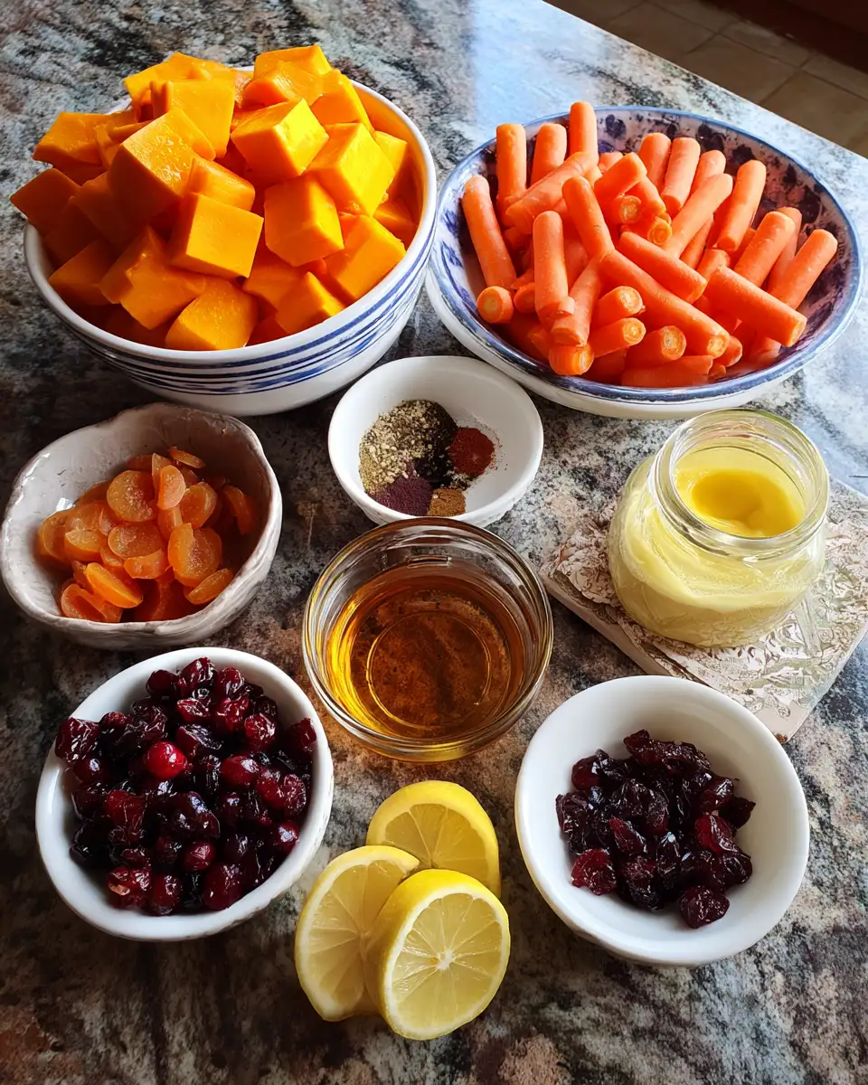 Ingredients for Squash and Carrot Bake with Cranberry Honey Drizzle: A Sweet and Savory Autumn Delight