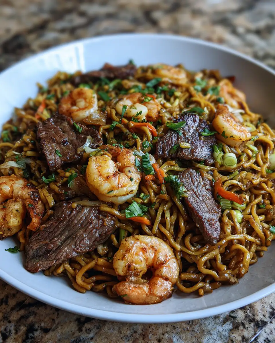 Sizzle and Surf Delight: Steak and Shrimp Stir-Fried Noodles Extravaganza - Featured Image