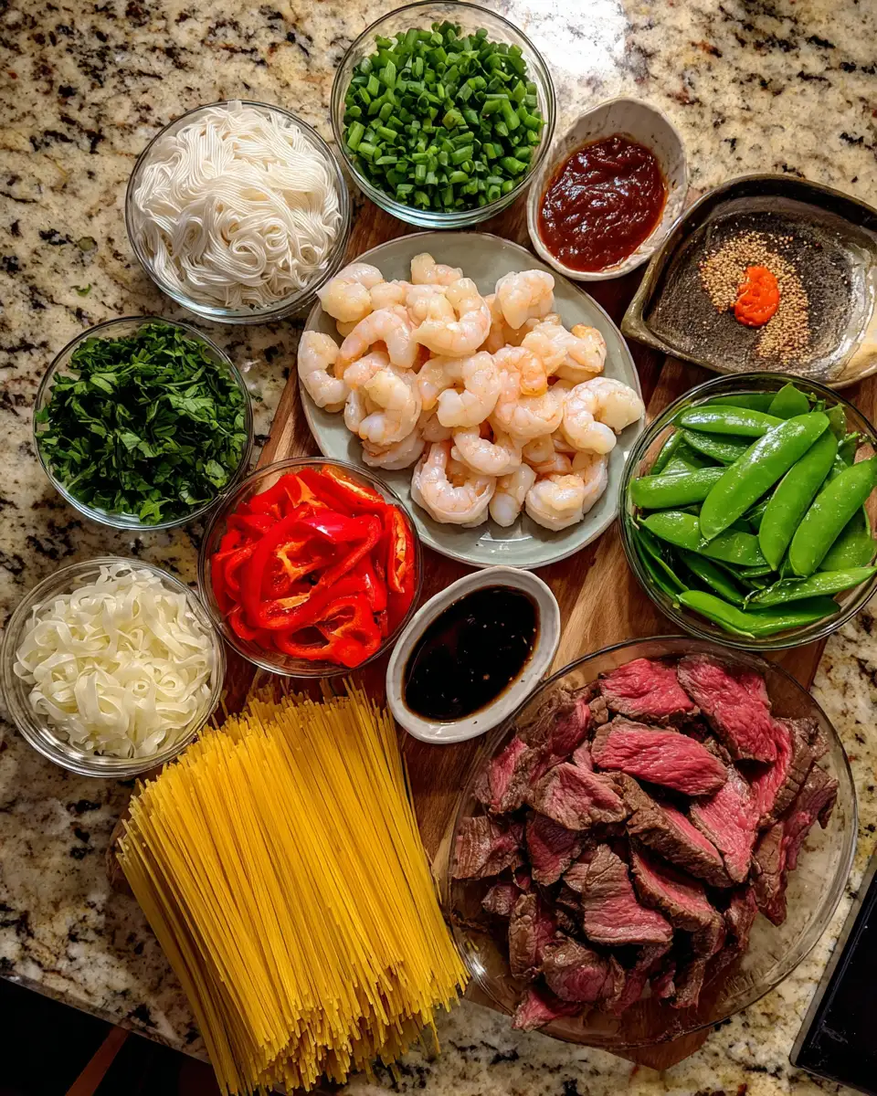 Sizzle and Surf Delight: Steak and Shrimp Stir-Fried Noodles Extravaganza 4 Ingredients for Sizzle and Surf Delight: Steak and Shrimp Stir-Fried Noodles Extravaganza