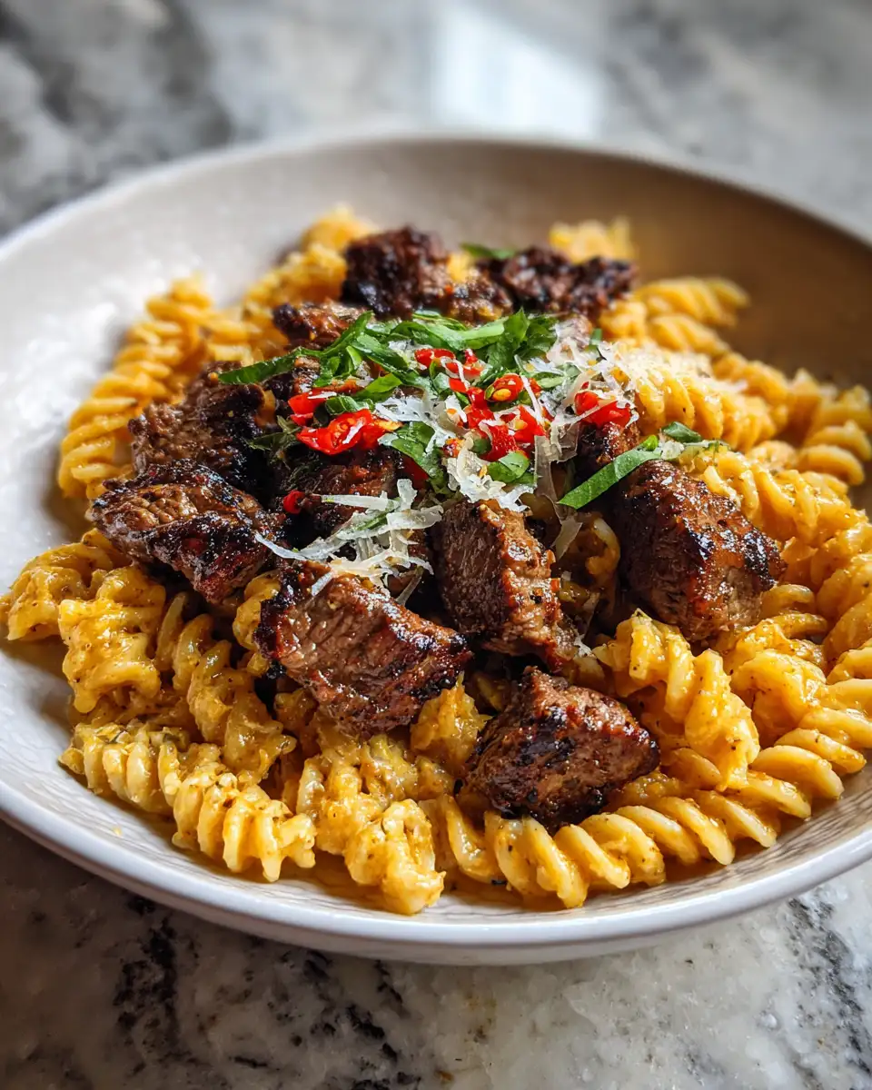 Final dish - Sizzling Steak Bites Meet Cajun-Spiced Alfredo Rotini in a Parmesan Dream