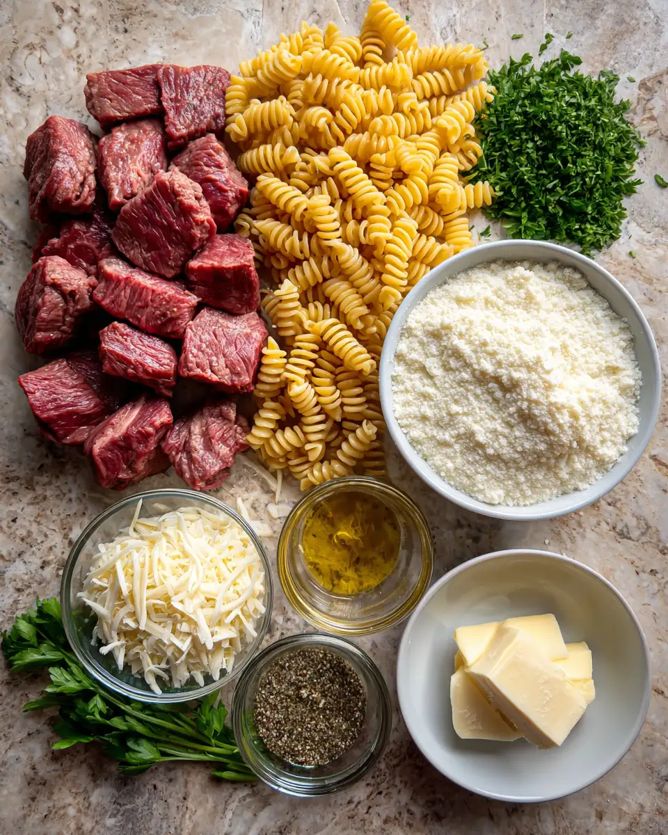 Ingredients for Sizzling Steak Bites Meet Cajun-Spiced Alfredo Rotini in a Parmesan Dream