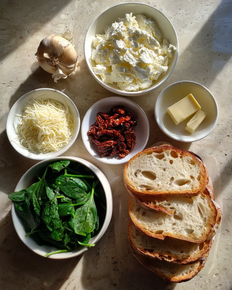 Ingredients for Melted Bliss: Sun-Dried Tomato Spinach Ricotta Grilled Cheese Delight