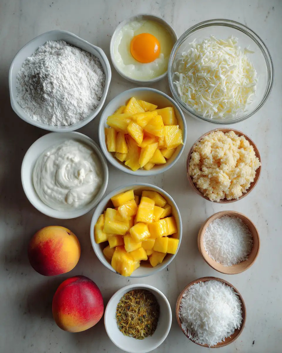 Ingredients for A Slice of Paradise: Tropical Fruit Cheesecake Crumb Cake Delight