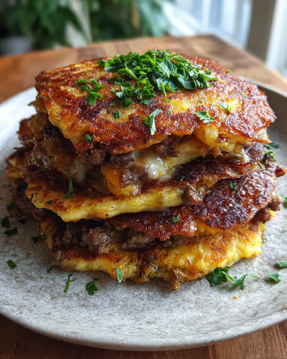 Mouthwatering Easy Savory Potato Pancakes Loaded with Beef and Cheese - Featured Image