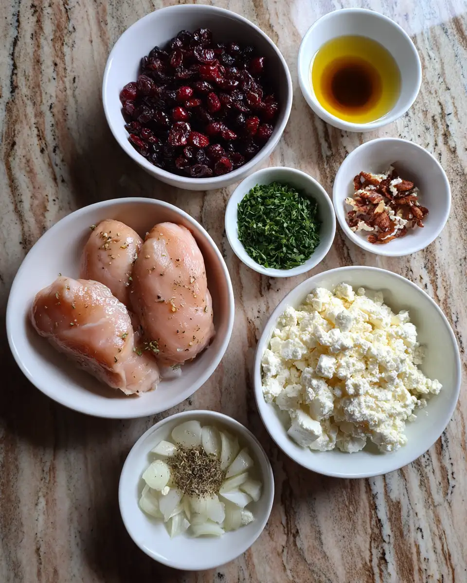Ingredients for Sweet and Savory Delight: Honey Cranberry Chicken Bake with Feta Cheese