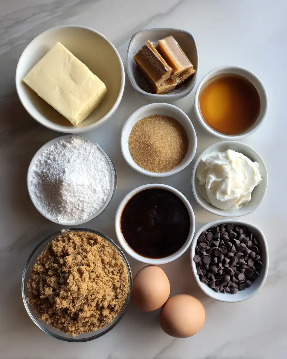 Ingredients for Irresistible Mini Salted Caramel Cheesecakes with a Decadent Chocolate Drizzle