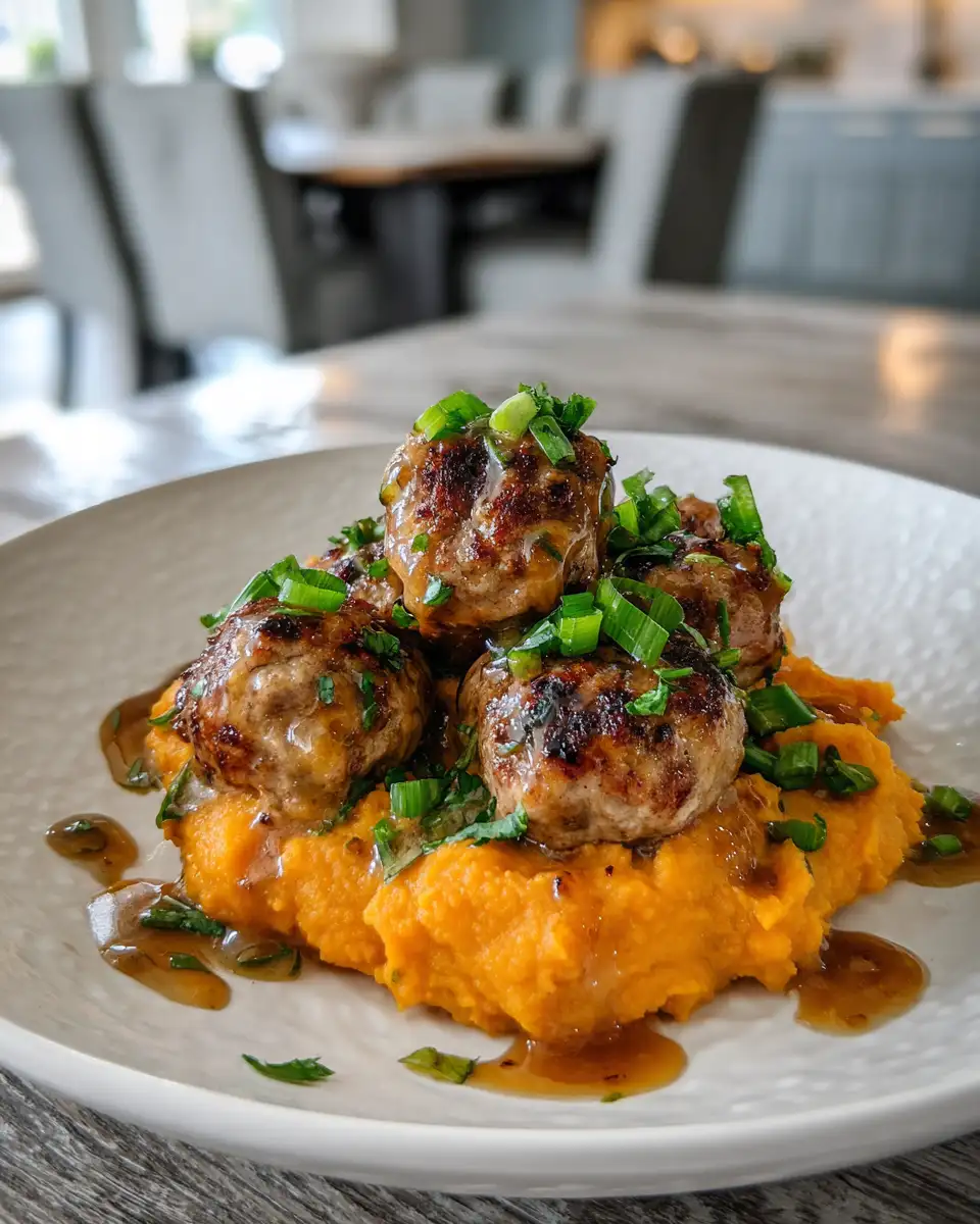 Home 7 A Flavorful Fusion: Savory Pork Meatballs & Sweet Potato Mash with a Bourbon-Maple Drizzle