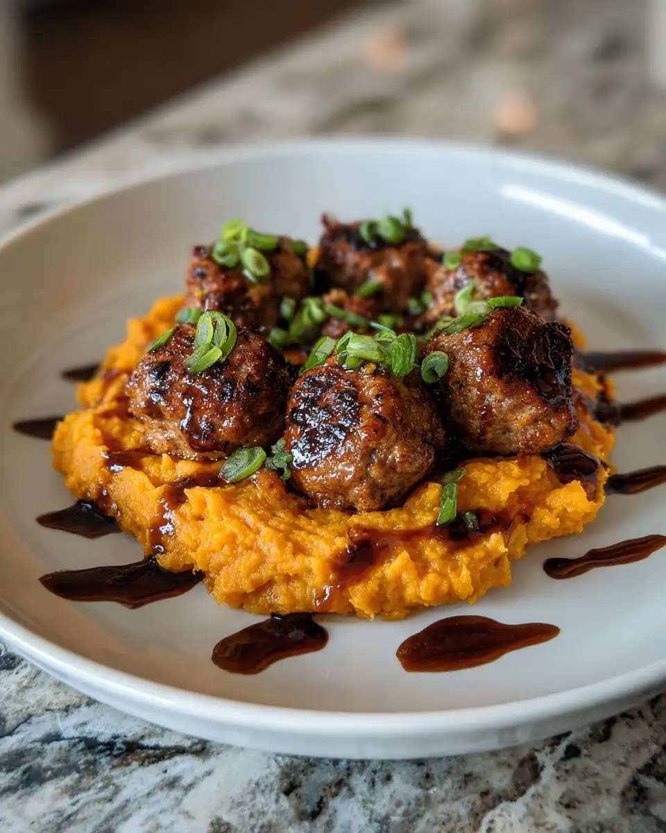 Final dish - A Flavorful Fusion: Savory Pork Meatballs & Sweet Potato Mash with a Bourbon-Maple Drizzle