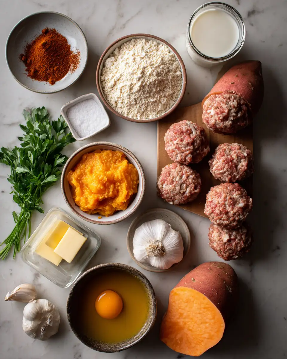 Ingredients for A Flavorful Fusion: Savory Pork Meatballs & Sweet Potato Mash with a Bourbon-Maple Drizzle