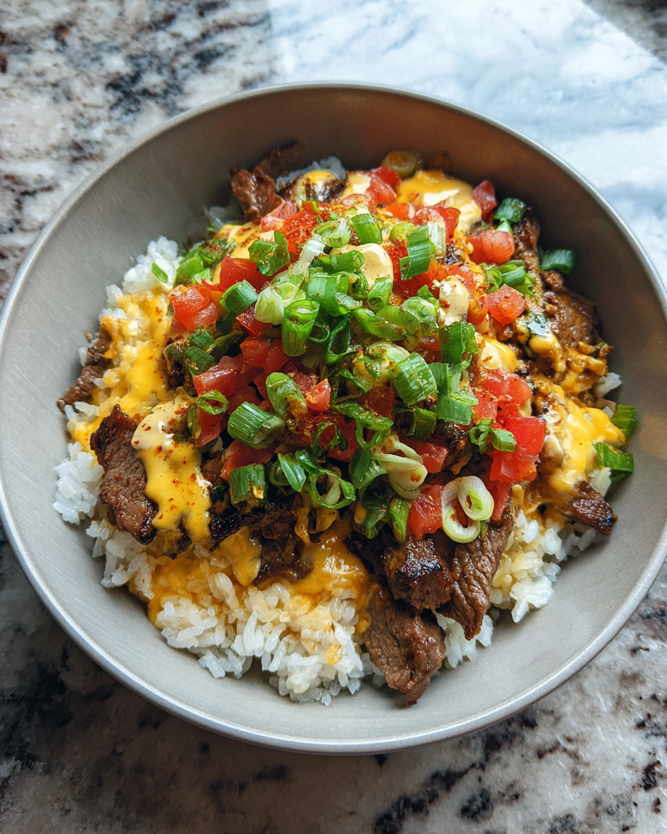 Sizzling Steak Queso Rice Bowl Delight 6 Final dish - Sizzling Steak Queso Rice Bowl Delight