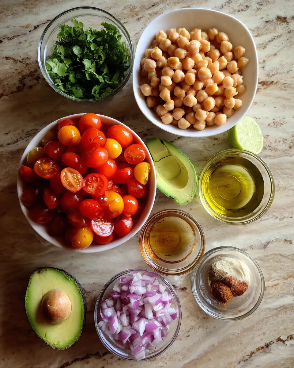 Ingredients for Zesty Tomato Chickpea Avocado Salad Recipe for a Refreshing Twist