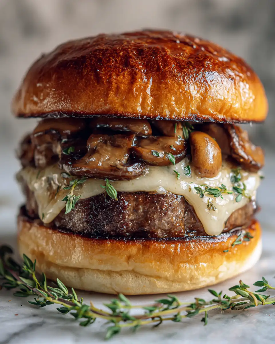Final dish - Savor the Ultimate Whiskey-Glazed Mushroom Swiss Smash Burger Delight