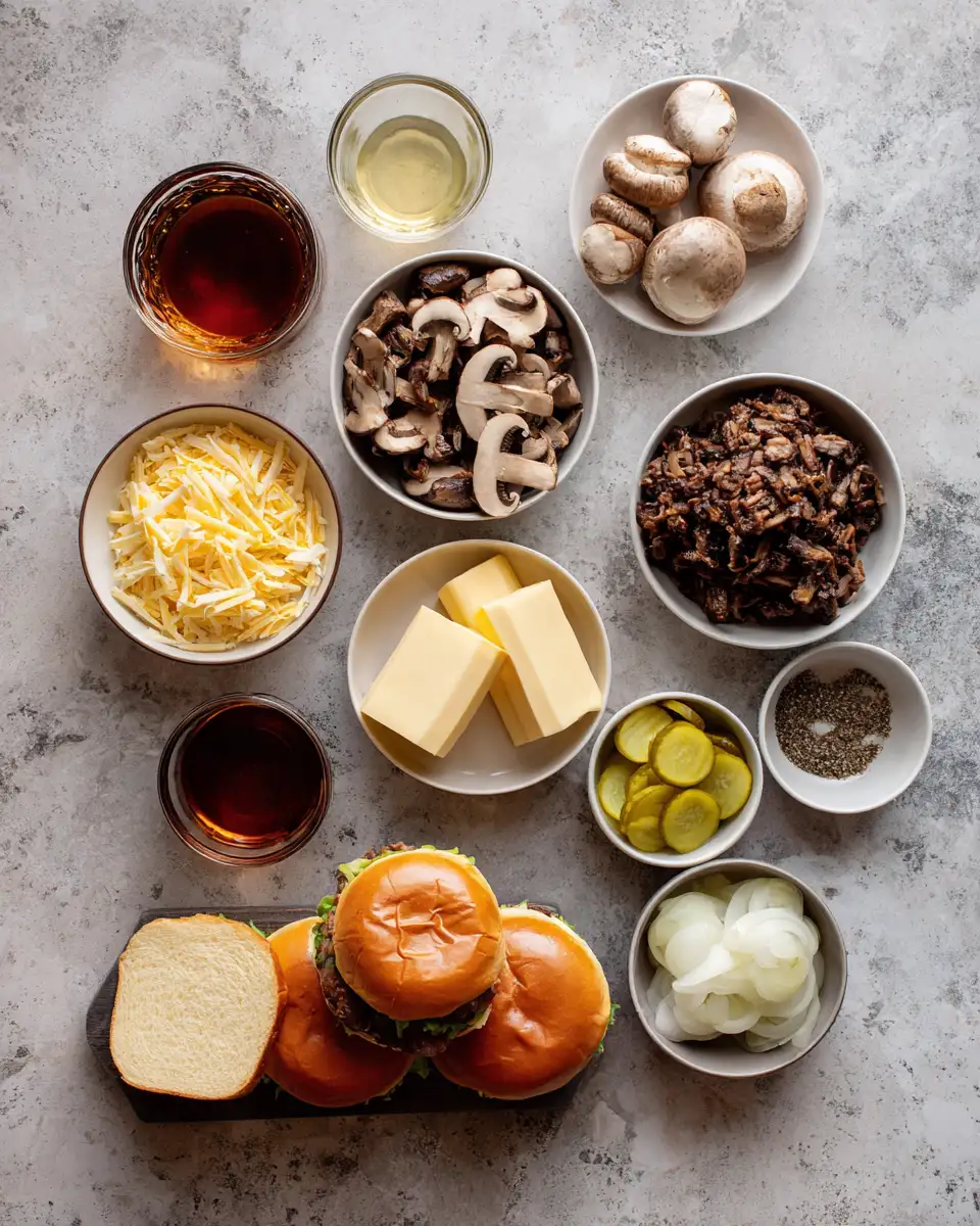Ingredients for Savor the Ultimate Whiskey-Glazed Mushroom Swiss Smash Burger Delight