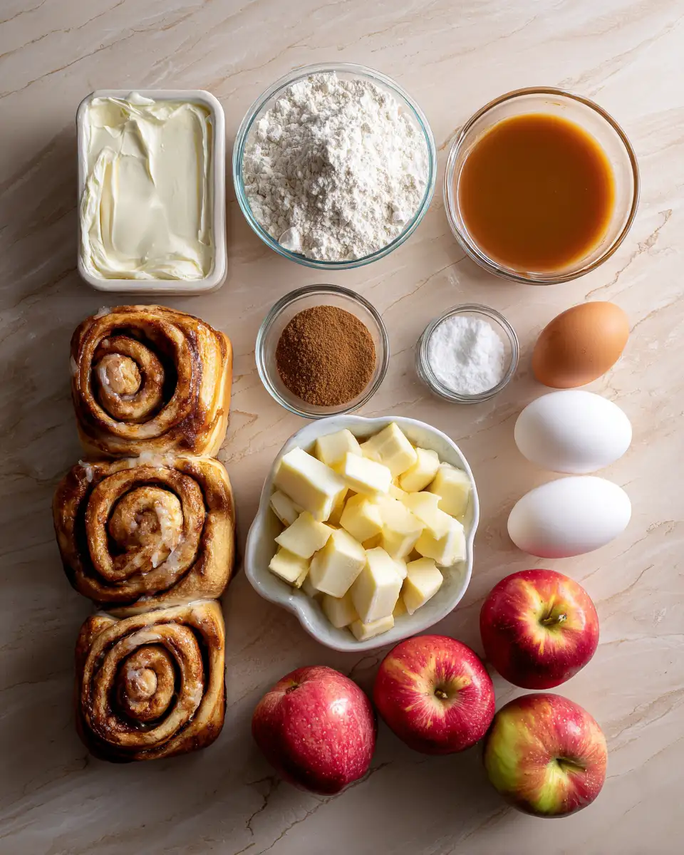 Ingredients for Indulge in Autumn Bliss with Caramel Apple Cinnamon Roll Cheesecake