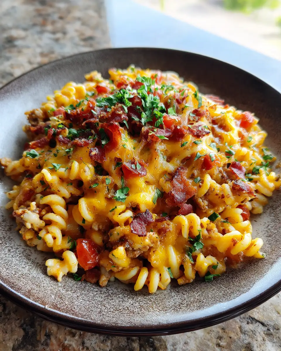 Final dish - Ultimate Cheesy Bacon Cheeseburger Pasta Skillet Delight
