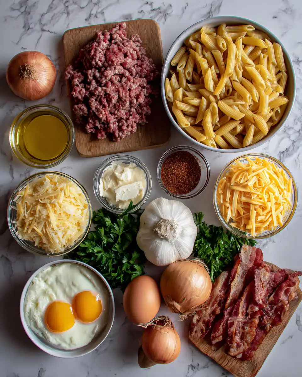Ingredients for Ultimate Cheesy Bacon Cheeseburger Pasta Skillet Delight