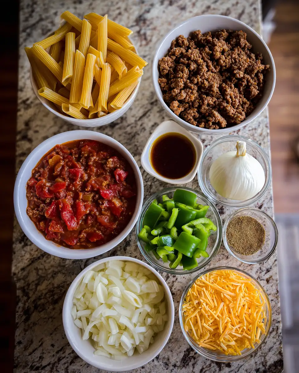 Ingredients for Sizzling Cheesy Cajun Beef Pasta Skillet Delight