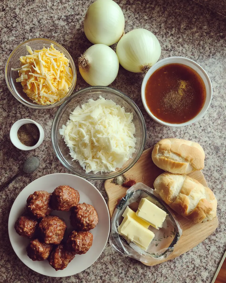 Ingredients for Melt-in-Your-Mouth Cheesy French Onion Beef Meatballs Delight