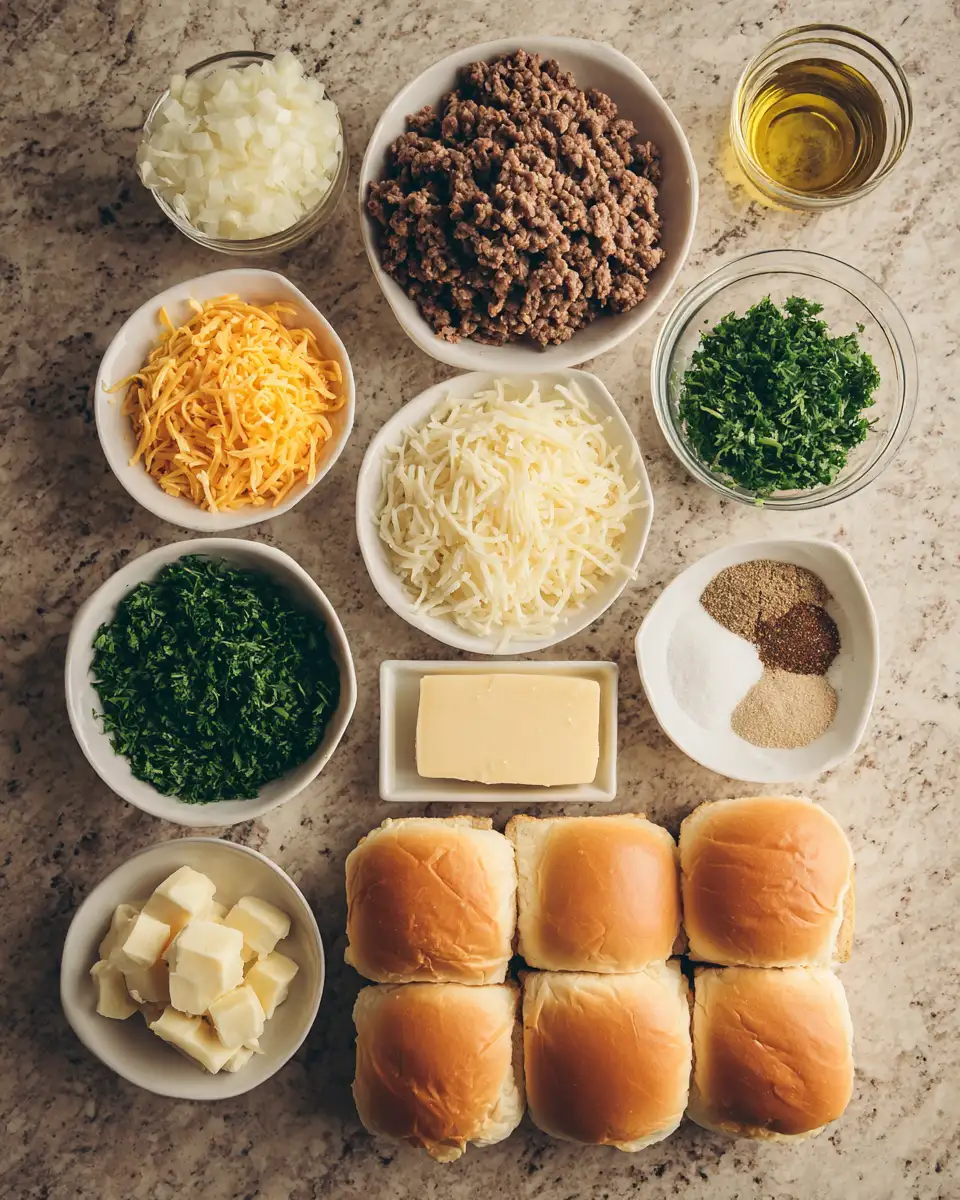 Ingredients for Cheesy Garlic Butter Beef Sliders: Bite-Sized Flavor Explosion