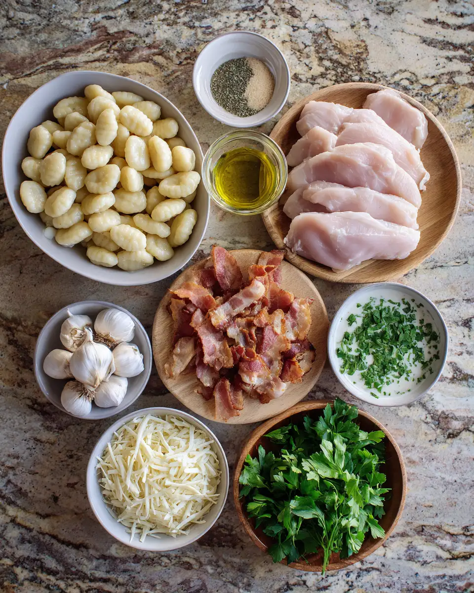 Ingredients for Indulge in Comfort: Creamy Bacon Ranch Chicken Gnocchi Delight