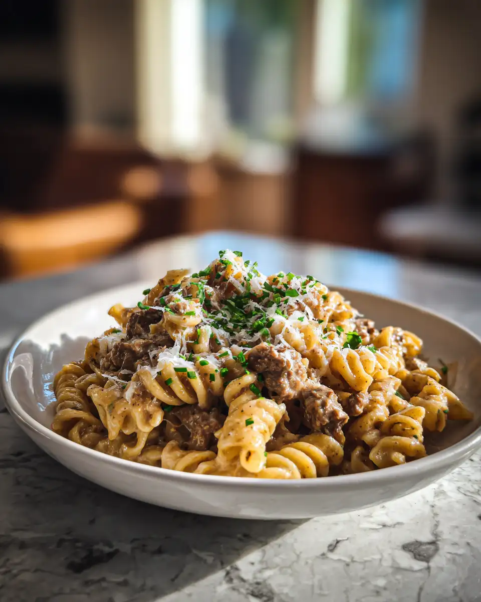 Final dish - Indulge in Comfort: Creamy French Onion Beef Pasta Bliss