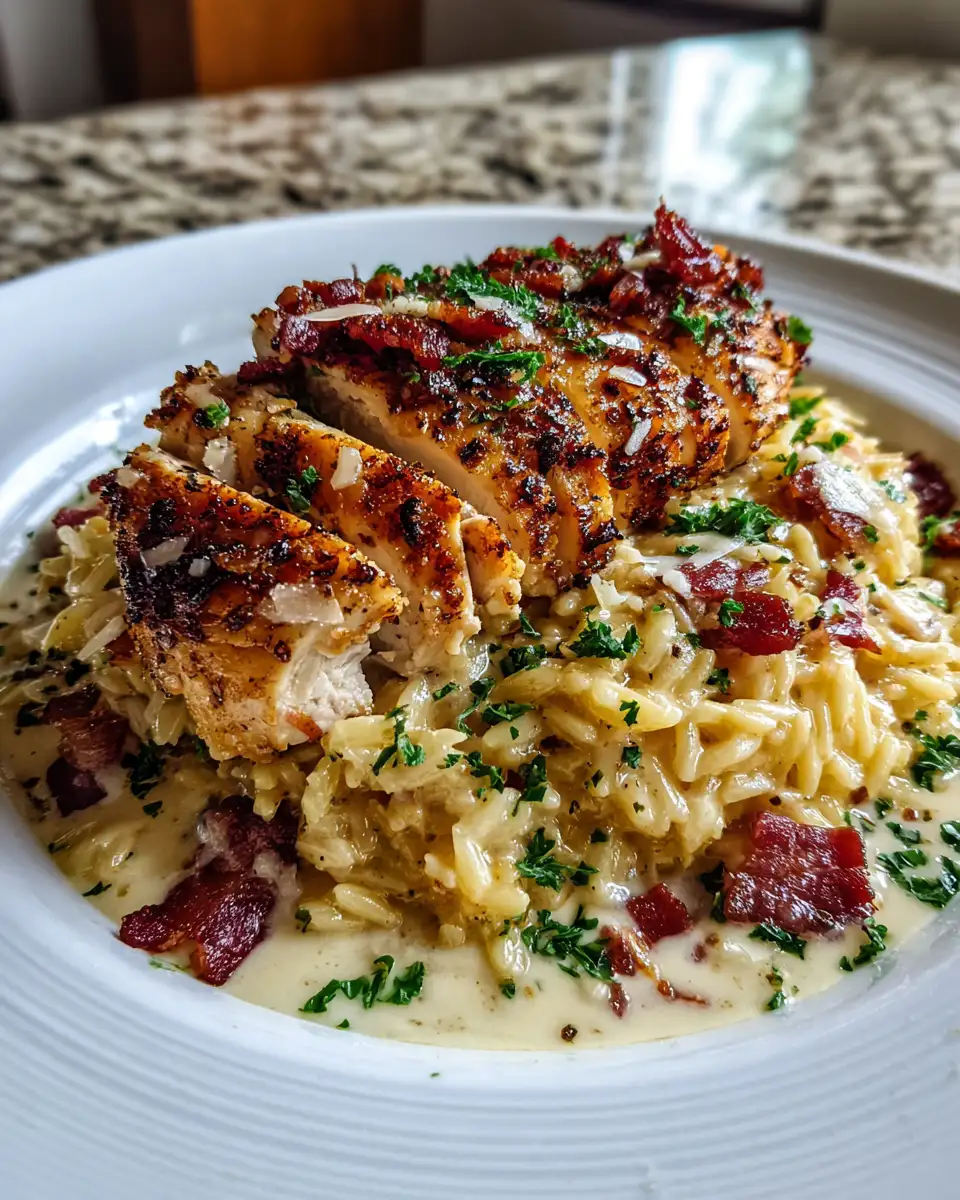 Final dish - Indulge in Comfort: Creamy Parmesan Chicken Bacon Orzo Delight