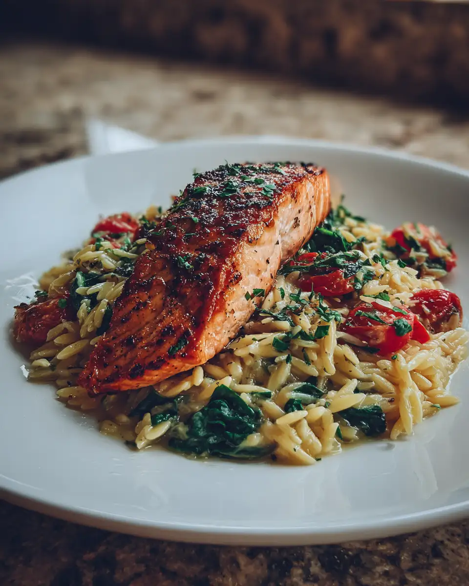 Final dish - Indulge in Bliss with Creamy Tuscan Salmon Orzo Delight