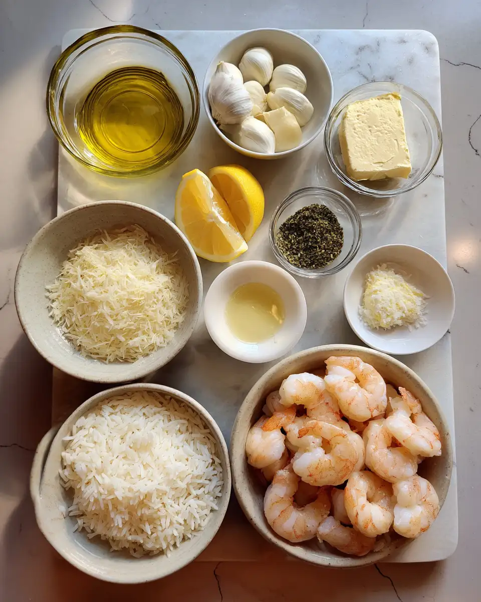 Ingredients for Creamy Garlic Butter Shrimp Alfredo Rice: A Decadent Dinner Delight