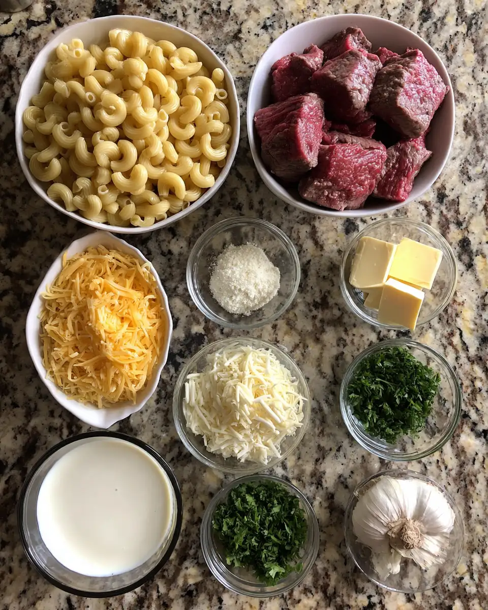 Ingredients for Decadent Garlic Butter Steak Mac & Cheese Extravaganza