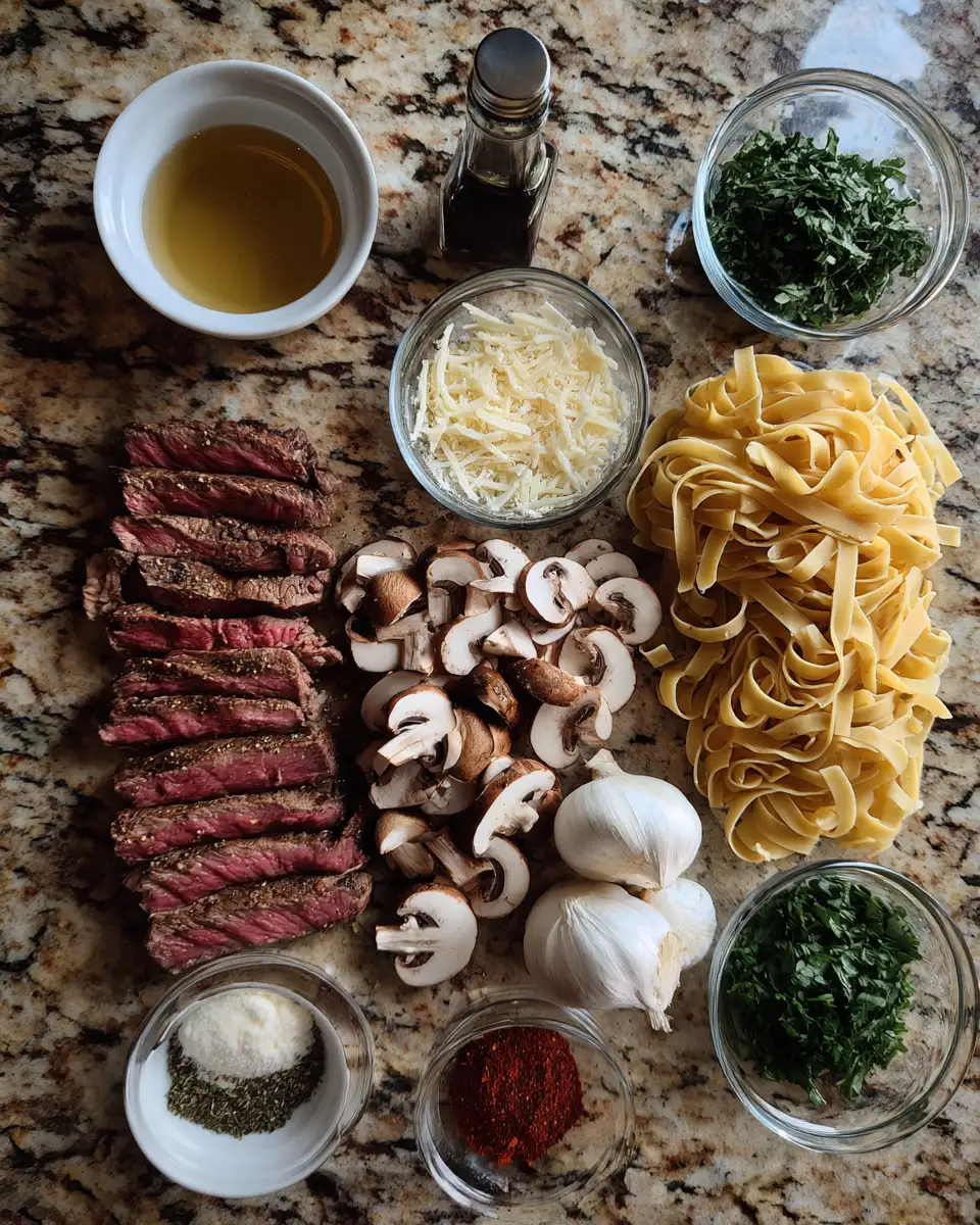 Savor the Flavor: Garlic Herb Steak Mushroom Pasta Delight 4 Ingredients for Savor the Flavor: Garlic Herb Steak Mushroom Pasta Delight