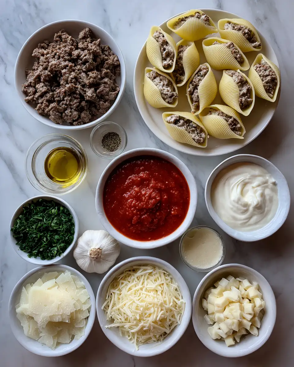 Ingredients for Irresistibly Cheesy Garlic Parmesan Beef Stuffed Shells Delight