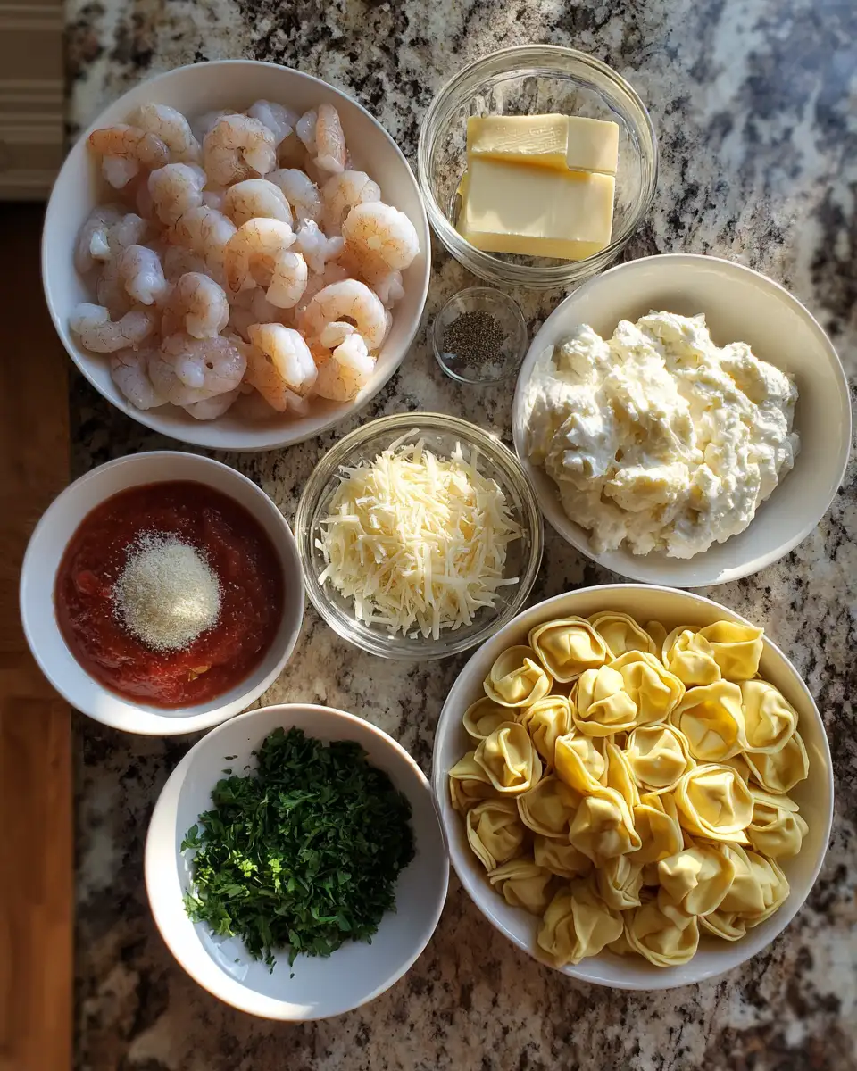 Baked Bliss: Garlic Parmesan Shrimp Tortellini Delight 4 Ingredients for Baked Bliss: Garlic Parmesan Shrimp Tortellini Delight